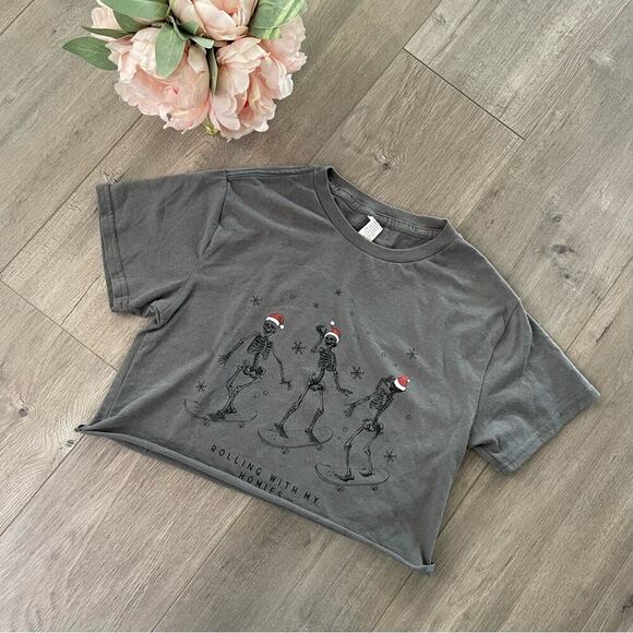 Rollin With My Homies Holiday Skeletons Grey Upcycle Cropped Top - Picture 1 of 2